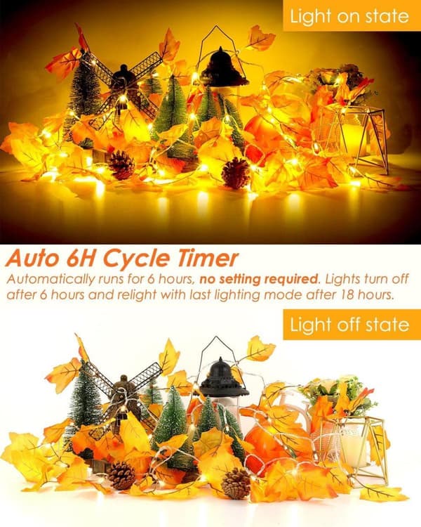 2x LED String Lights with Maple Leaves – 4.7m 30 Lights – Battery Operated – Flashing Function – Indoor Autumn Decoration – IP42