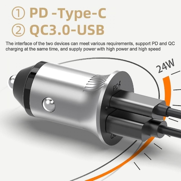 Pd Usb-c / Typ-c + Qc3.0 Usb Snabbladdare för Bil med Dubbla Led-indikatorer