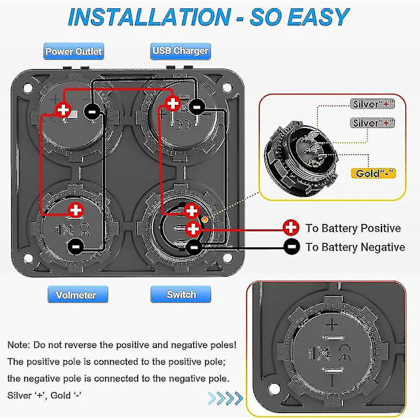 Båt RV 12v laderkontaktpanel, 4 i 1 DC-strømuttakpanel Multi USB hurtiglader med bryter