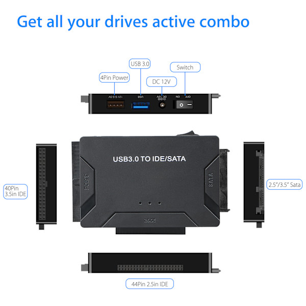 USB IDE -sovitin USB 3.0 - SATA IDE -kiintolevyadapteri Combo