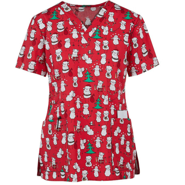 Amningsskrubbtoppar för kvinnor , printed uniformer med god julblommor, kortärmad t-shirt XL Red