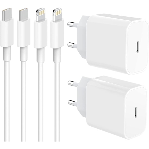 (2x) iPhone Hurtiglader USB-C Strømadapter 20W + Kabel Vi