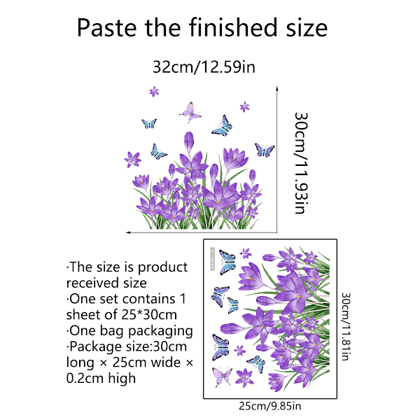 Frisk grønt gress lilla blomst sommerfugl baderom flis dekor klistremerke skrell og lim veggklistremerke (25*30cm)