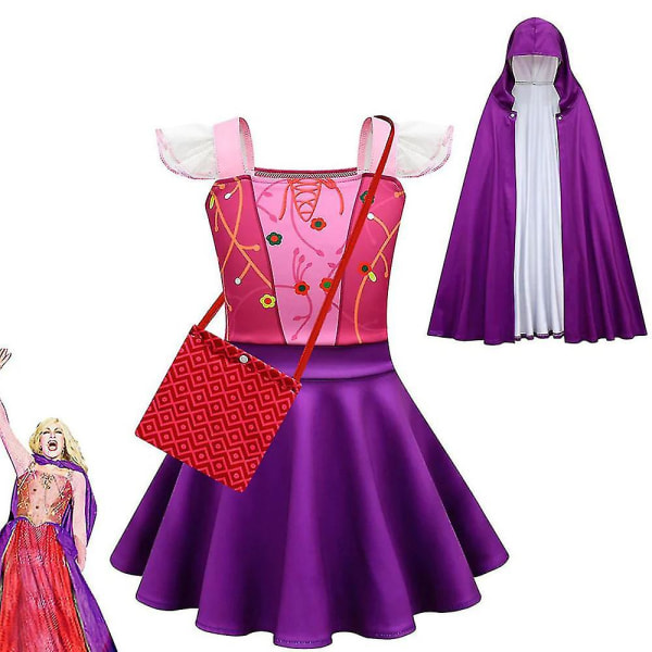Halloween Hocus Pocus 2 Häxa Cosplay Kostym Flickor Barn Fyrkantig Hals Fest Fancy Dress Up Outfits Klänningar Kappa Väska Set 6-7Years Purple