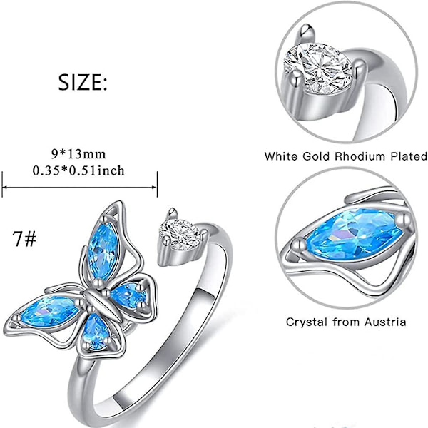 Blå kubisk zirkonia sommerfugl spinner fidget ring til kvinder piger angst roterer frit inspirationer smykker beroligende bekymring meditation justerbar stak
