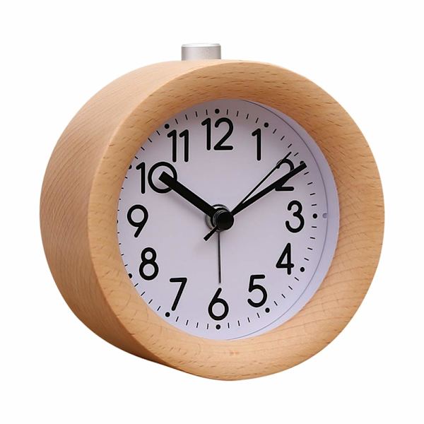 Handgjord rund väggklocka i trä, träväckarklocka, klassisk tyst väckarklocka för sängbordet, nattlampa, snooze liten väckarklocka