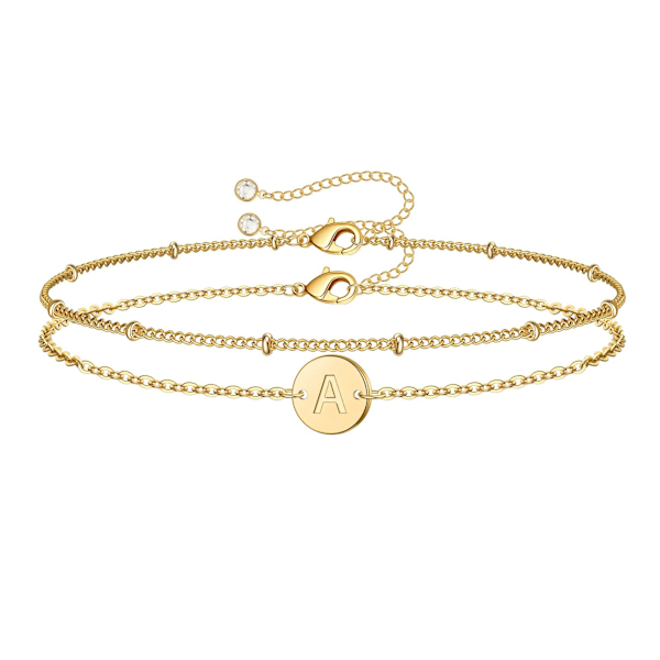 Guld Initial Armbånd til Kvinder, Guld Fyldt Lagdelt Perle Bogstav Initial Armbånd Personlig Disk Monogram Charm