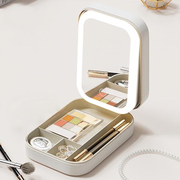 Rejse Makeupspejl med Lys, Kompakt Makeupspejl med LED-spejl, Bærbar Lighted Beauty Mirror, 3-farvet Lys Makeup Etui