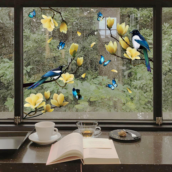 Magnolia Blossom Tree Window Sticker Tree and Birds Window Decals Glass Sticker Autumn Window Clings Adhesive Free