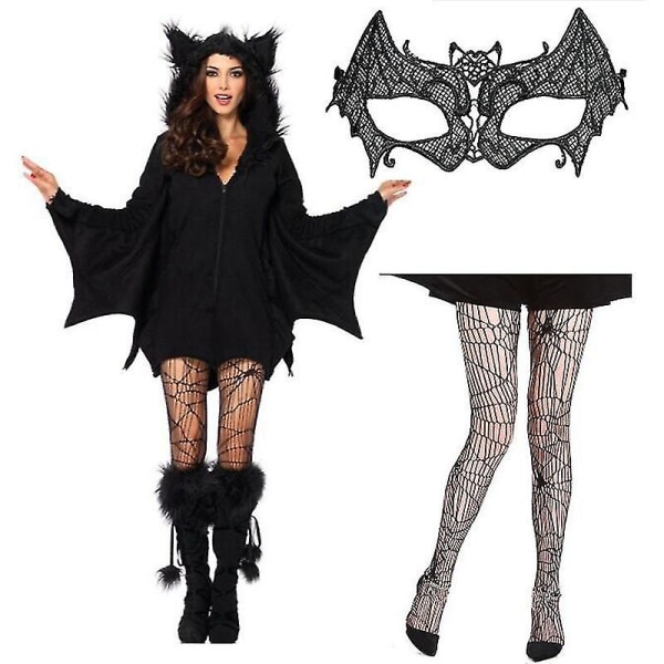 Halloween-kostymer Svarta fladdermusvingar för kvinnor, kostym för vampyrkläder L