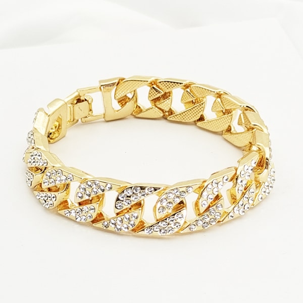 Armbånd til Mænd Kvinder - Forgyldt Cuban Link Armbånd med Glimtende Rhinestones Bling Hip Hop Armbåndssæt