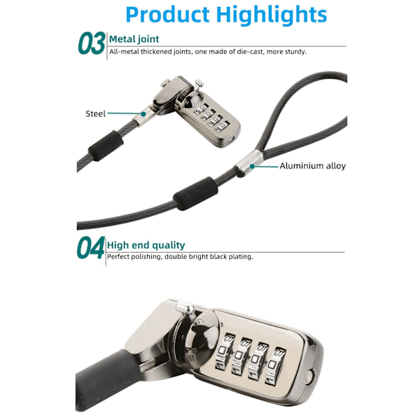 Kannettavan tietokoneen lukitussuojakaapeli 4-numeroisella yhdistelmäsuojauksella ja varkaudenestolla PC/kannettaville tietokoneille, tableteille tai muille tietokoneille