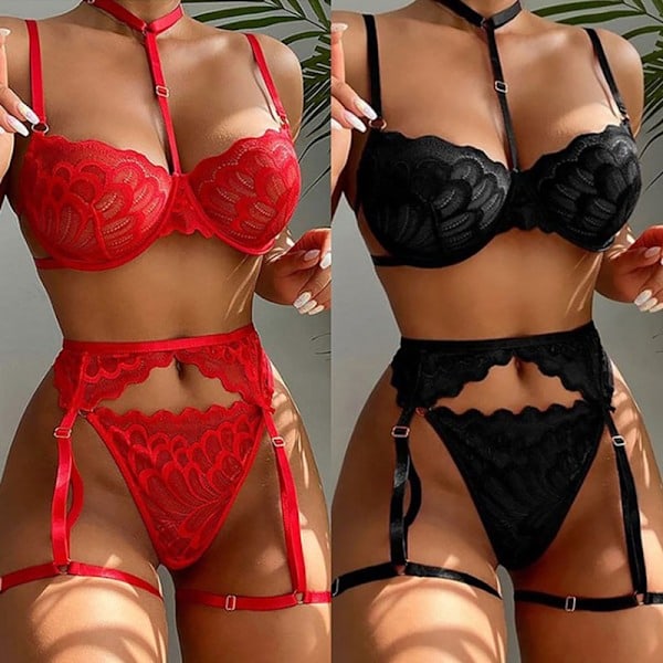 Sexy Undertøy Dame BH Strømpebånd Lappeteppe Transparent Li Rød Rød S