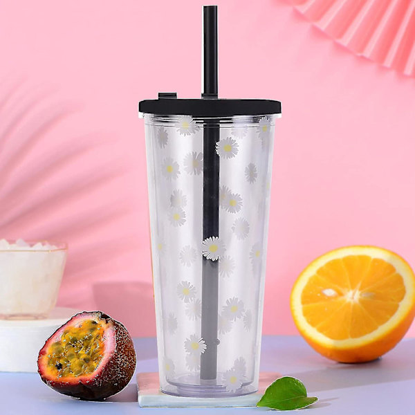 Återanvändbar Boba-mugg med återförslutningsbar lockplugg - 20 oz dubbelväggig isolerad Boba-temugg mjölktekopp med brett återanvändbart sugrör (svart)