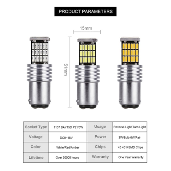 2 st 1157 LED Canbus P21W/5W Bay15d 45 LED lampa Gul