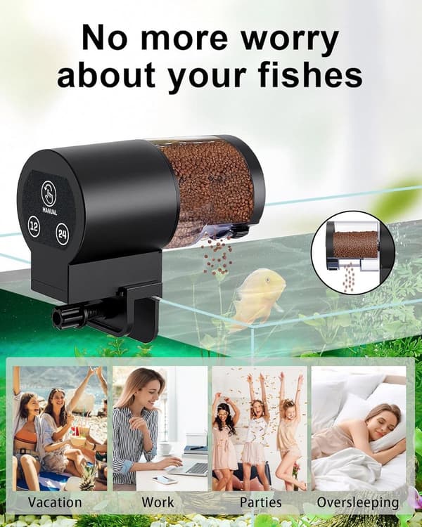Automatisk fiskefoderautomat, 100 ml akvariefoderautomat med stor kapacitet og justerbar fodringstimer, batteridrevet til flager og piller, sort