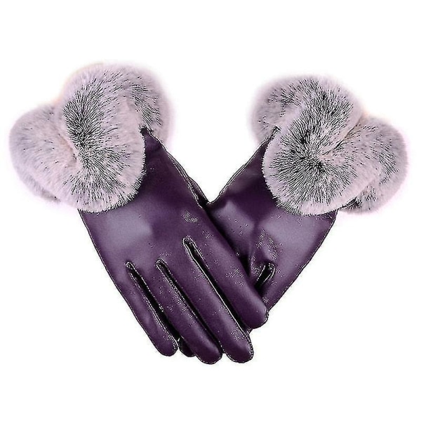 Women Winter Gloves Faux Rabbit Pu Leather Touch Screen Mittens Lady Female