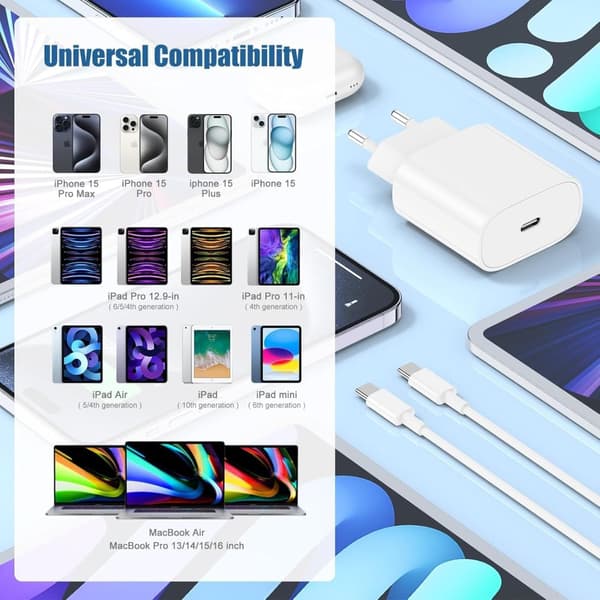 Oplader til iPhone 15 + 2M kabel Hurtigoplader USB-C til USB-C