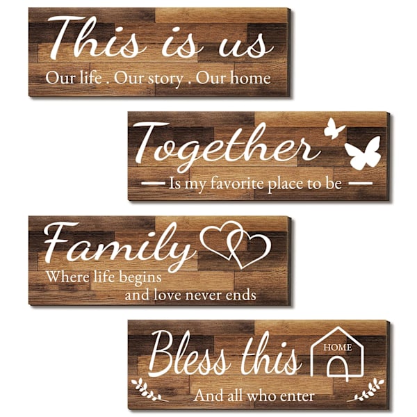 4 Pieces Home Wall Signs, THIS IS US/TOGETHER/BLESS THIS HOME/FAMILY Wall Decor For Living Room Bedroom, 4.7 x 13.8 Inch(Brown)