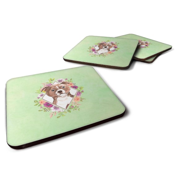 Carolines Treasures  Ck4368fc Staffie Bull Terrier Green Flowers Foam Coaster Se