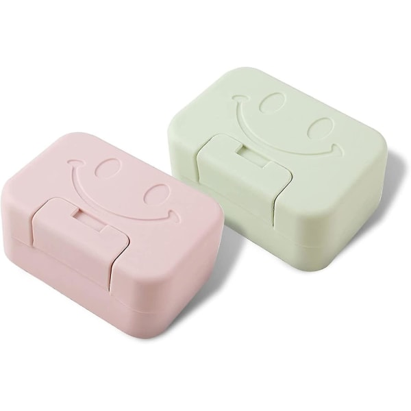2-pack tvållåda med lock, bärbar tvålkopp Vattentät och läckagetät (smile Face Rosa och Grön)