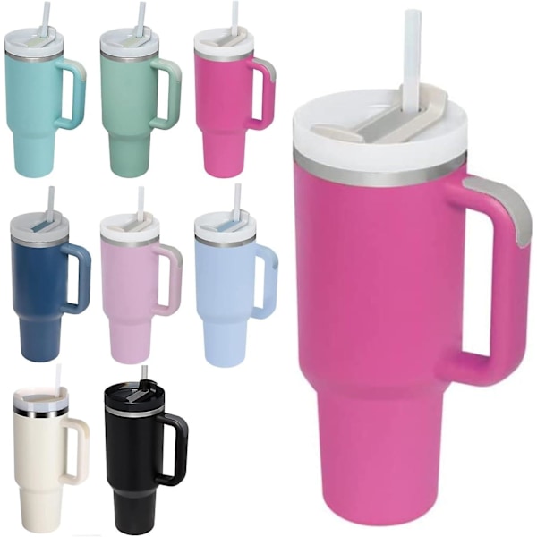 40 oz Tumbler med håndtag og sugerør låg isoleret genanvendelig rustfrit stål vandflaske rejsekrus iskaffe kop rejsekrus til varmt og koldt (rød)