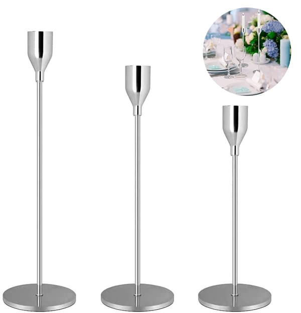 Sett med 3 lysestaker, lysestake, dekorativ metall Silver