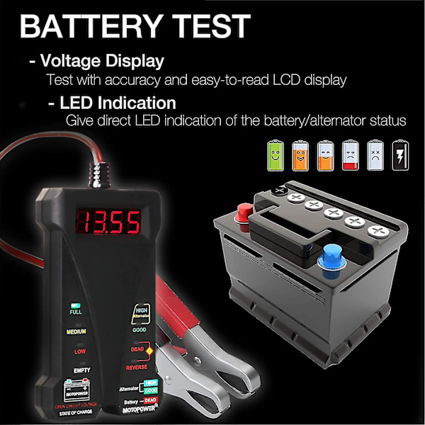 12v digitalt batteritester voltmeter og dynamo ladesystemanalysator med LCD-skjerm og LED-indikasjon