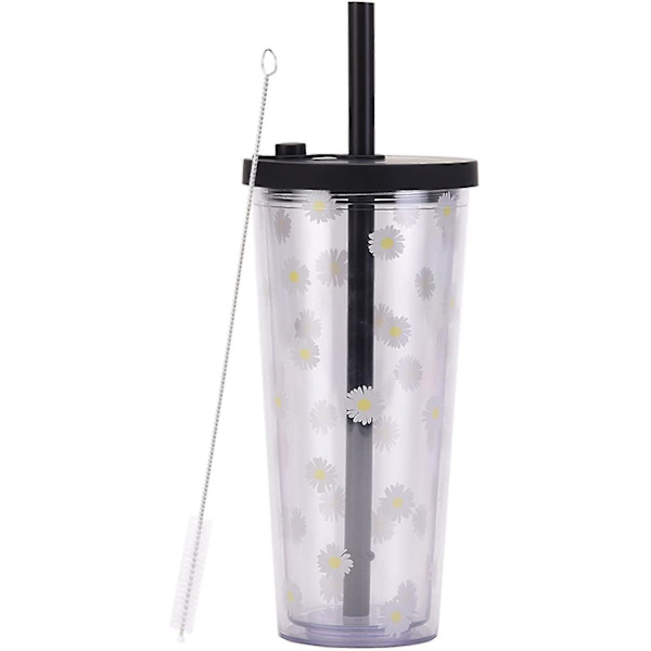 Återanvändbar Boba-mugg med återförslutningsbar lockplugg - 20 oz dubbelväggig isolerad Boba-temugg mjölktekopp med brett återanvändbart sugrör (svart)