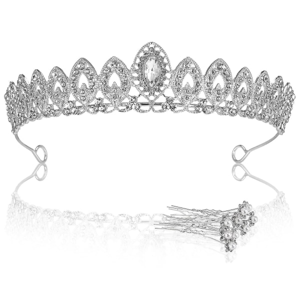 Bryllupstiara, sølv brudes tiara krystallkrone rhinestone pannebånd med 10 stykker hårnåler for kvinner jenter