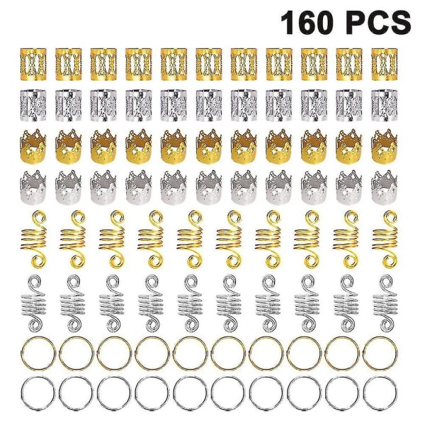 160 stk. assortert stil metallhår mansjett hår mottakende sirkel ring hår spole dreadlock hår flette knapp perle dekorasjon smykker hårforlengelse Barrett