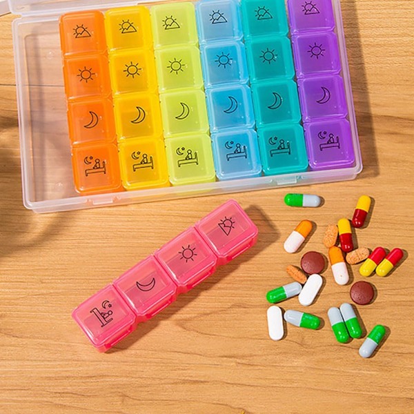 Ugentlig pilleæske med 4 rum, 7-dages pilleæsker til AM og PM, månedlig medicinorganisator, 28-dages dispenser