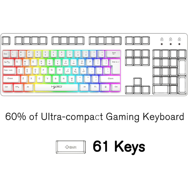 Trådad RGB-speltangentbord, 61 tangenter bärbart minikompakt tangentbord med 11 Chroma RGB-bakgrundsbelysning, ABS flytande tangentlock, full anti-ghosting-tangenter Vit