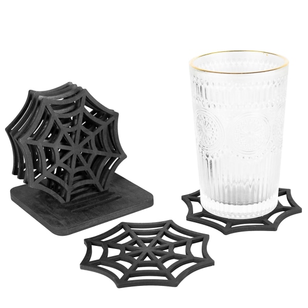 6st Halloween Coaster Spider Web Coaster Slitstark träbord bordsunderlägg för hemfestivaldekoration