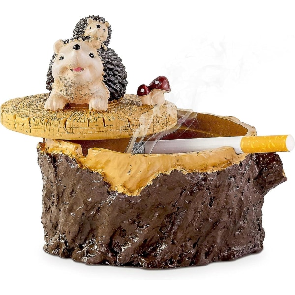 Outdoor Ashtrays For Cigarettes Cute Resin Hedgehog Ashtray With Lid For Home And Garden (11*11cm)