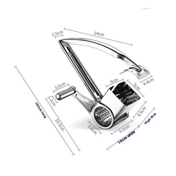 Sølv 4-i-1 trådhøvl Håndsving Rotary Ost Rivjern, Rustfrit Stål, 1 Cylinder（19,5 * 10 * 8cm）