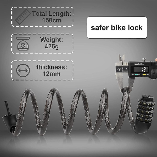 Cykellås, [1,5m/12mm] [Forstærket version] Vejrbestandig kraftig cykellås, høj sikkerhed 5-cifret kombinationskabelås lange cykellåse