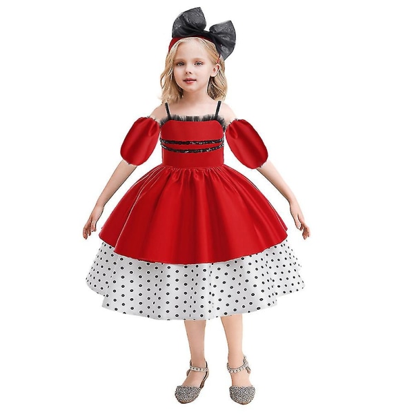 Barn Flickor Polka Dot Strappy Dress+pannband+ärm Outfit Set Princess Cosplay Halloween Carnival Night Costume 8-9 Years