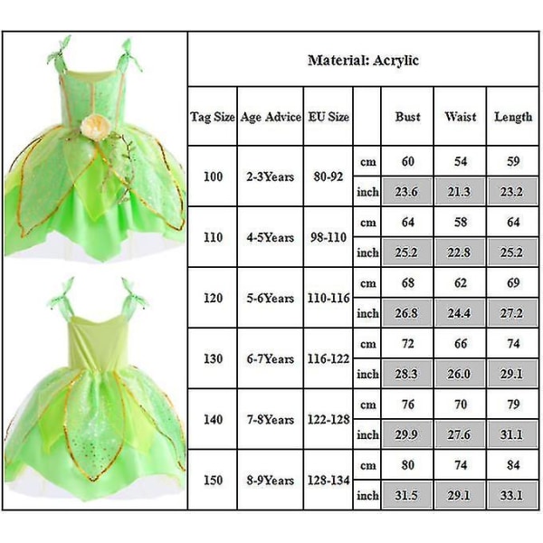Princess Tinker Bell Deluxe kostym för toddler Flickor Barn Halloween Födelsedag Cosplay Party Fairy Fancy Dress Up Outfits H 7-8 Years