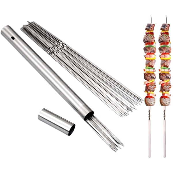 304 Rostfritt Stål 13,2\" Långa Platta Grillspett, 20 st BBQ Kebabspett med Bärbar Metallförvaringsrör, (20 st)