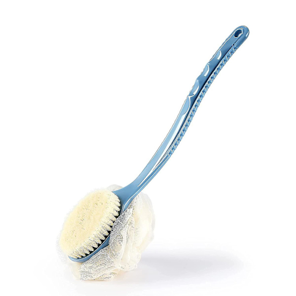 Dusj Kroppsbørste Med Børster Og Loofah, Rygg Skrubber Bad Mesh Svamp Med Buet Langt Håndtak For Hud Eksfoliering Bad, (blå)