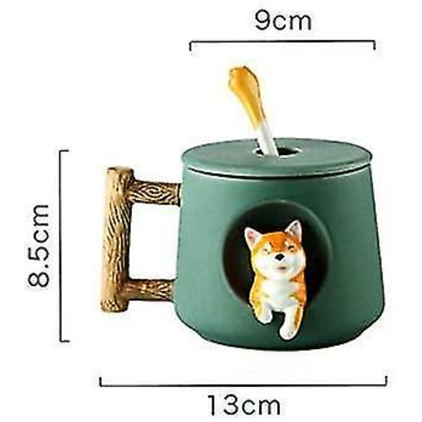 Sød tegneserie dyr Shiba Inu keramisk krus Kreativ mænd og kvinder par med låg ske drikkevand kaffekop (grøn)