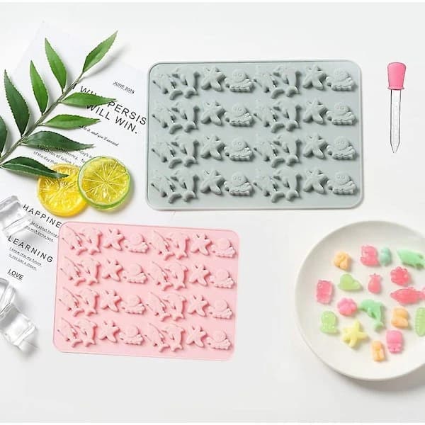2-pak Mini Havdyr Gummiforme Fødevaregodkendt Silikone Slik Chokolade Gelé Isbitforme til Børn Blå Pink