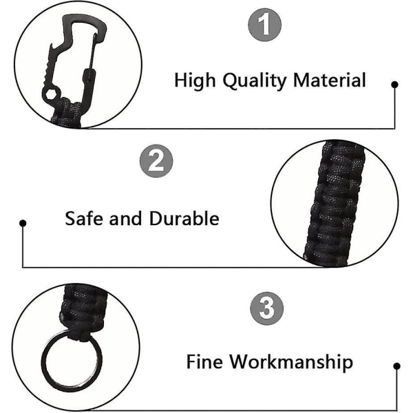 3 stk. nøkkelringer med karabinkroker flettet snorring krok klips heavy duty karabinkroker for ryggsekk camping fotturer, svart