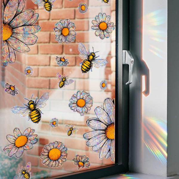 Bee Window Clings Bee Flower Window Stickers Double-Side Bee Floral Window Stickers Art Decor for Spring Party Supplies