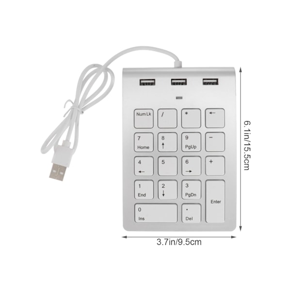 Trådbunden siffertangent - USB numerisk tangentbord Siffertangent för bärbar dator 18-tangenters siffertangent med 3 USB 2.0-portar Siffertangent, silver