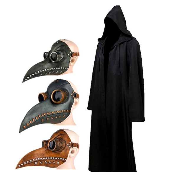 Halloween mantel Plague Doctor Mask Cosplay Dräkt Sorcerer Lång skjorta Huva Svart Robe Vuxen och barn Semesterkostym Set