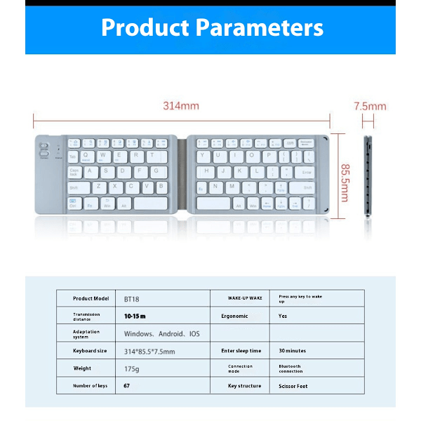 Forretnings Bluetooth-tastatur, sammenklappeligt bærbart tastatur til rejser, luksuriøs og komfortabel ergonomisk skriveoplevelse