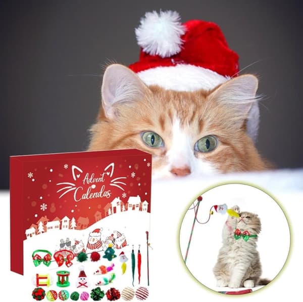 Julekalender til katte 2025 - 24-delt legetøjssæt med juletema - Kattelegetøj i foderformat (33x23x5 cm)