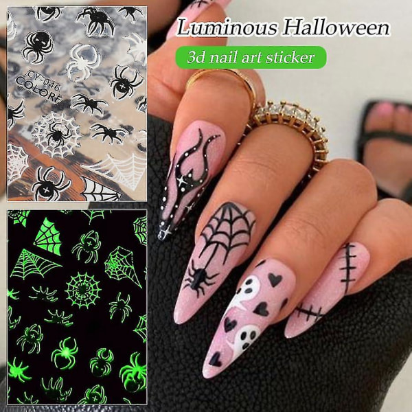 Glow in the Dark Halloween Nail Art Stickers - skalle, fladdermus, spindelnät och katt